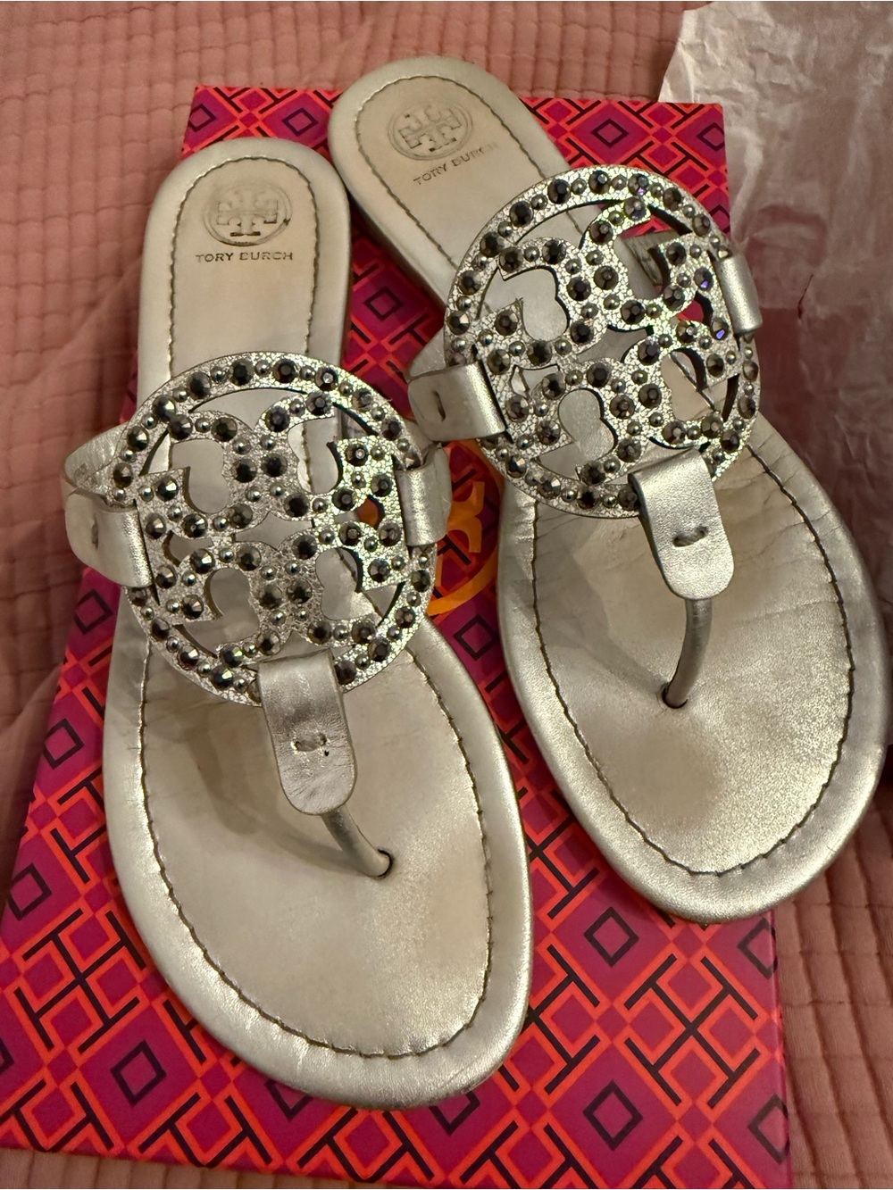 Tory Burch Silver Miller Embellished Thong Sandals silver 9 shoes flip flop